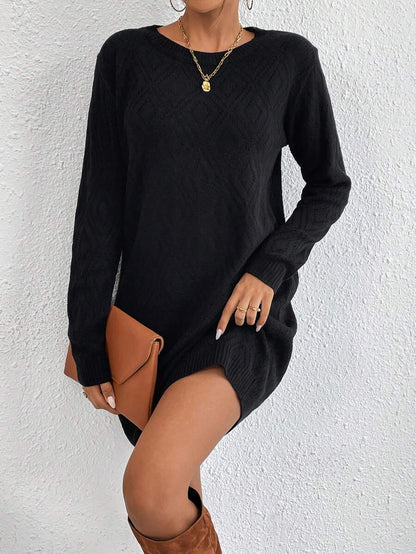 Women's Drop Shoulder Knit Sweater Dress, Relaxed Long Sleeve Dress for Fall Winter - Apricot