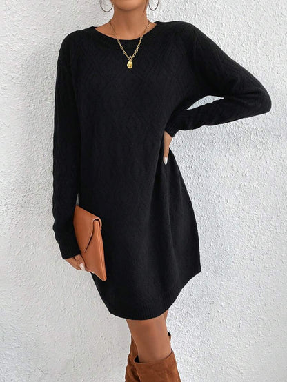 Women's Drop Shoulder Knit Sweater Dress, Relaxed Long Sleeve Dress for Fall Winter - Burgundy