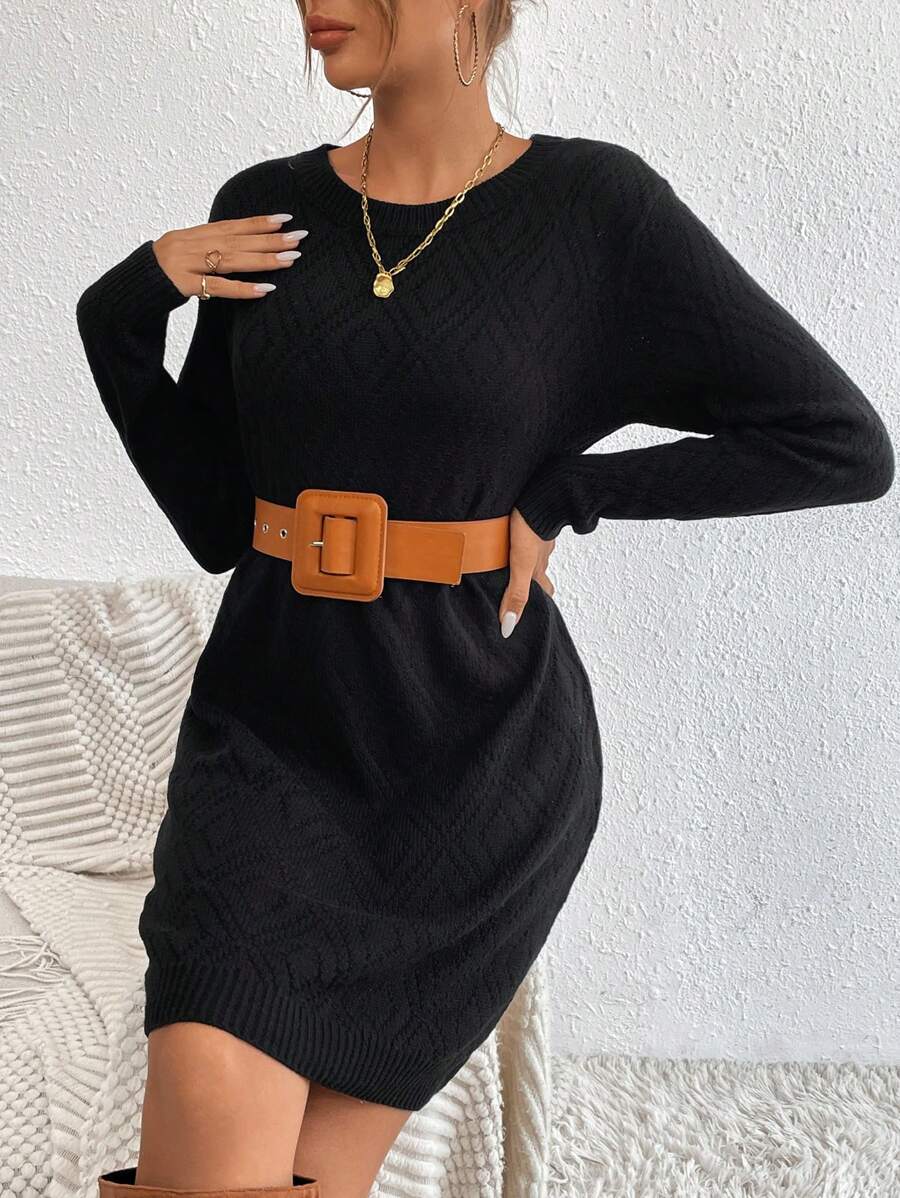 Women's Drop Shoulder Knit Sweater Dress, Relaxed Long Sleeve Dress for Fall Winter - Red