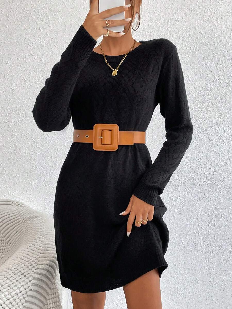 Women's Drop Shoulder Knit Sweater Dress, Relaxed Long Sleeve Dress for Fall Winter - Yellow