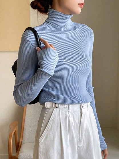 Tamsin Fitted Ribbed Turtleneck Sweater Long Sleeve Pullover - Baby Blue