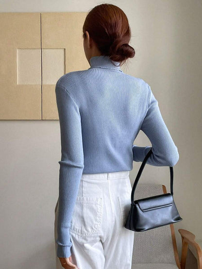 Tamsin Fitted Ribbed Turtleneck Sweater Long Sleeve Pullover - Baby Blue