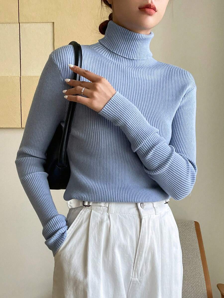 Tamsin Fitted Ribbed Turtleneck Sweater Long Sleeve Pullover - Baby Blue