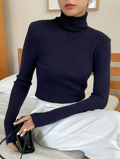 Tamsin Fitted Ribbed Turtleneck Sweater Long Sleeve Pullover - Navy