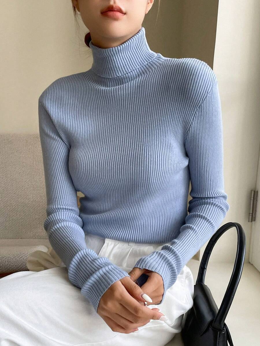 Tamsin Fitted Ribbed Turtleneck Sweater Long Sleeve Pullover - Baby Blue