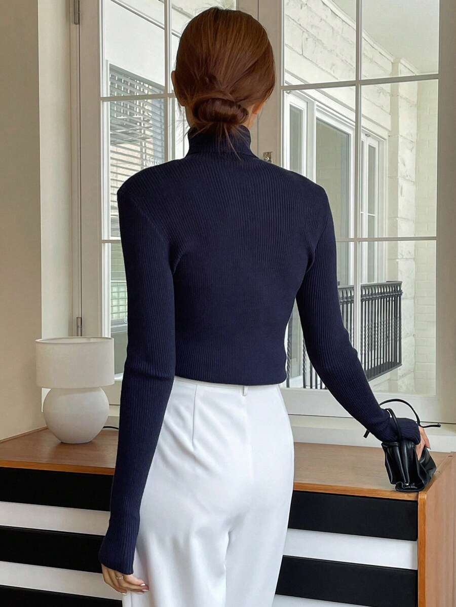 Tamsin Fitted Ribbed Turtleneck Sweater Long Sleeve Pullover - Navy