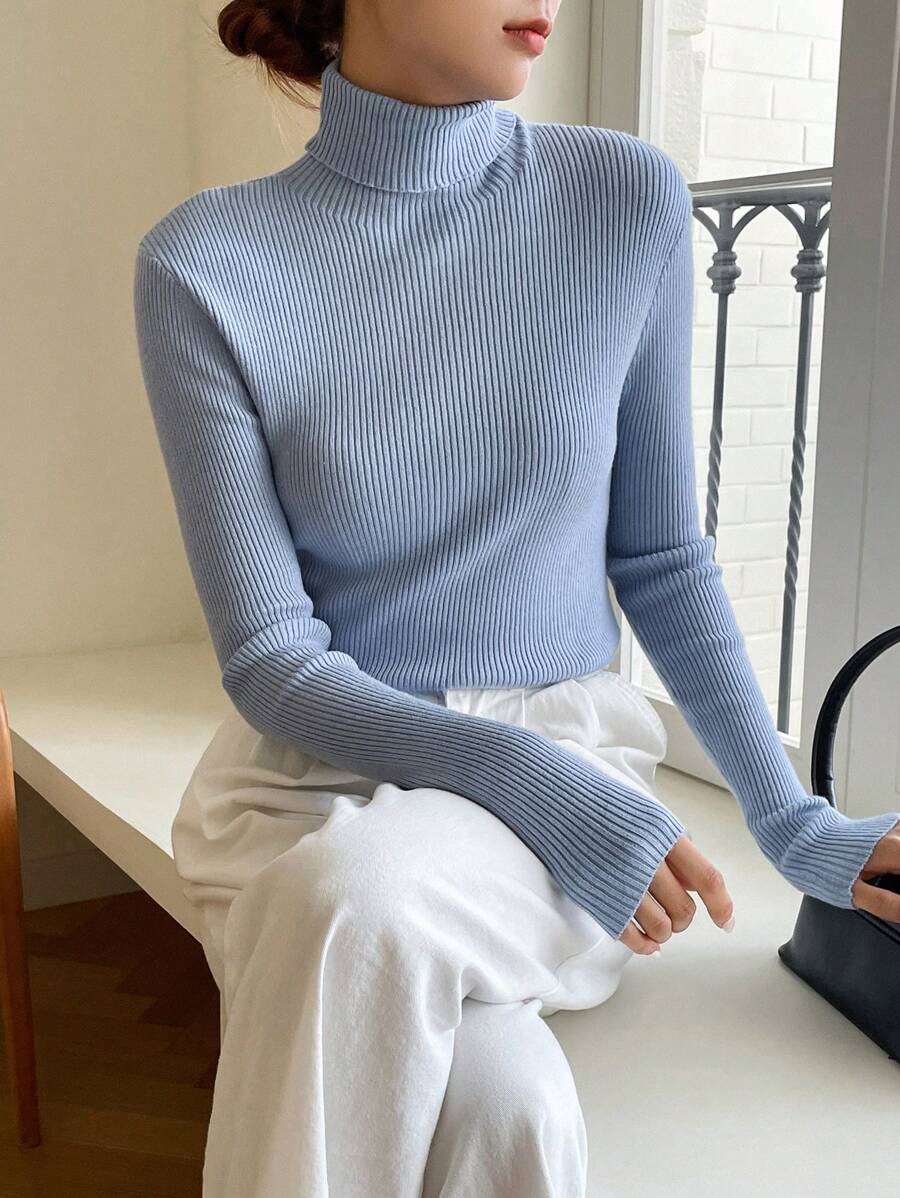 Tamsin Fitted Ribbed Turtleneck Sweater Long Sleeve Pullover - Baby Blue