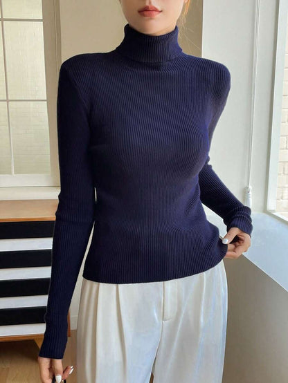 Tamsin Fitted Ribbed Turtleneck Sweater Long Sleeve Pullover - Navy