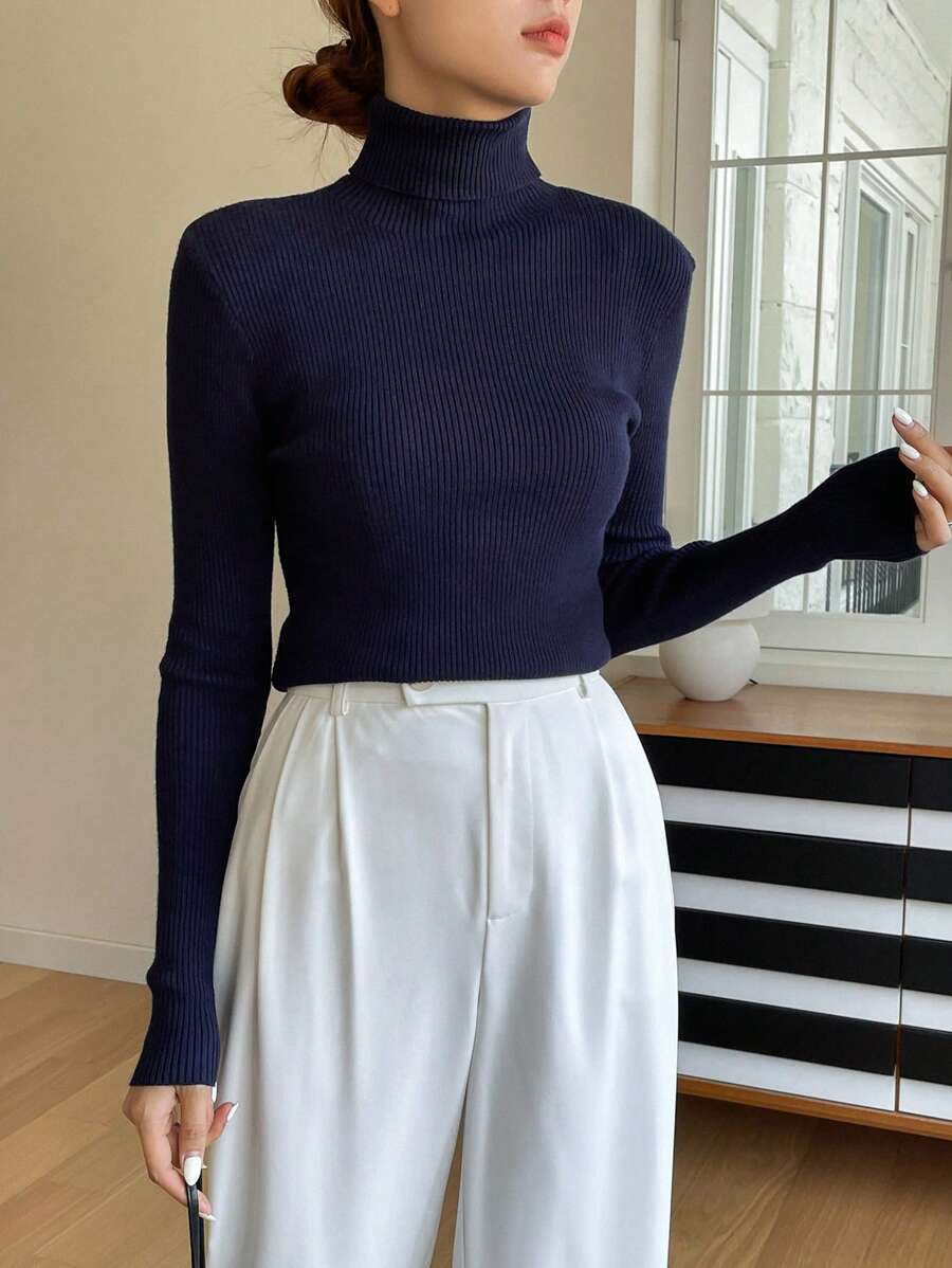 Tamsin Fitted Ribbed Turtleneck Sweater Long Sleeve Pullover - Navy