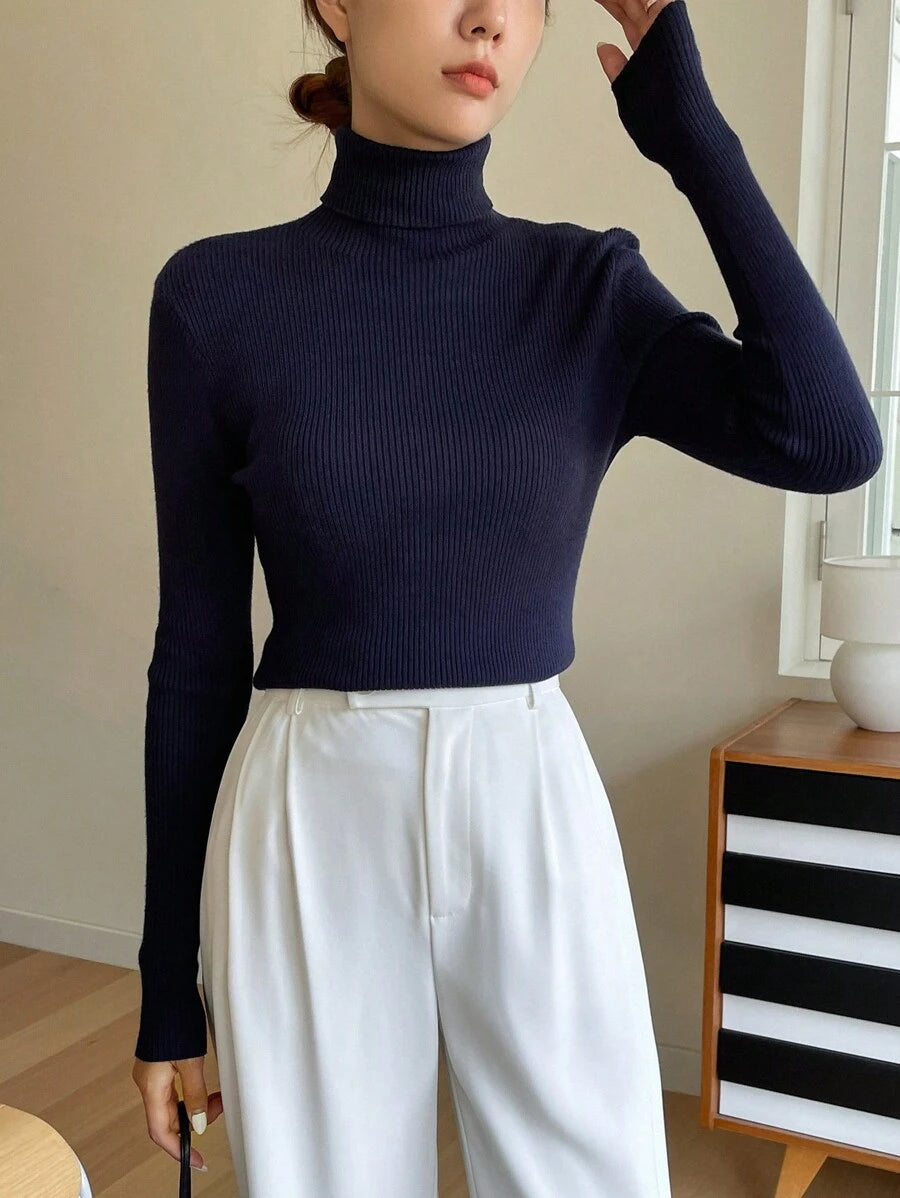 Tamsin Fitted Ribbed Turtleneck Sweater Long Sleeve Pullover - Navy