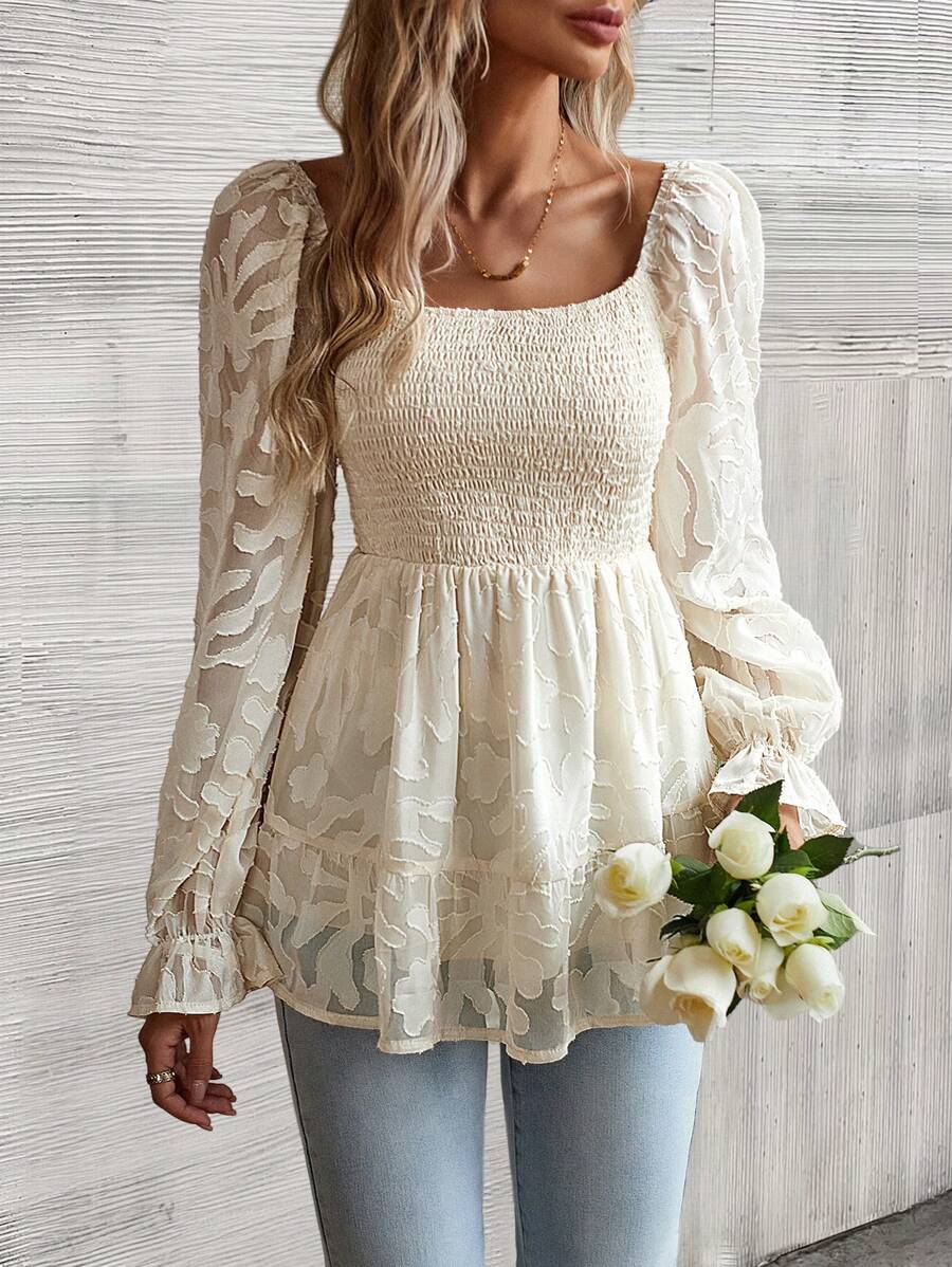Marseille Jacquard Lantern Sleeve Peplum Blouse - Cream