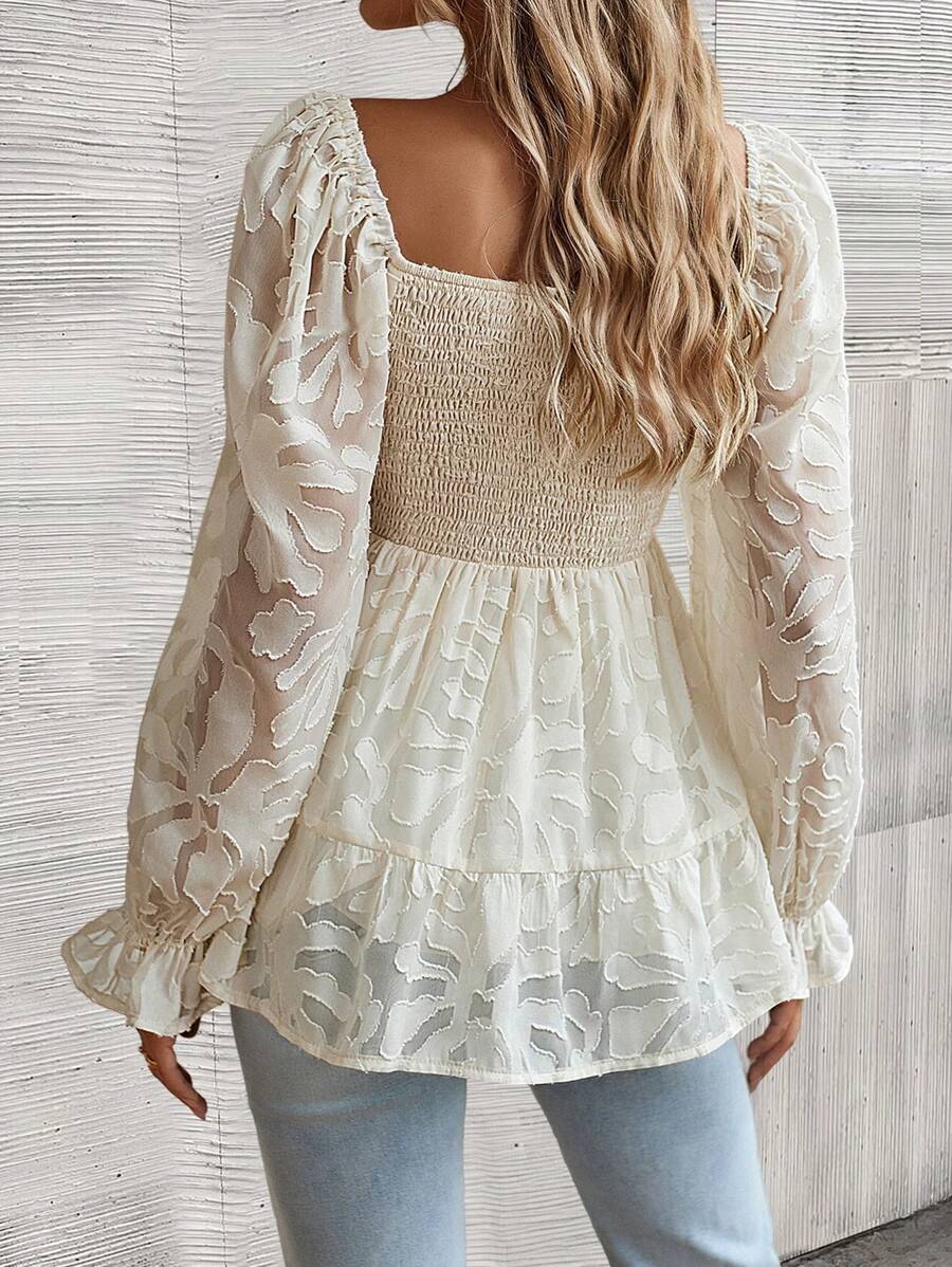 Marseille Jacquard Lantern Sleeve Peplum Blouse