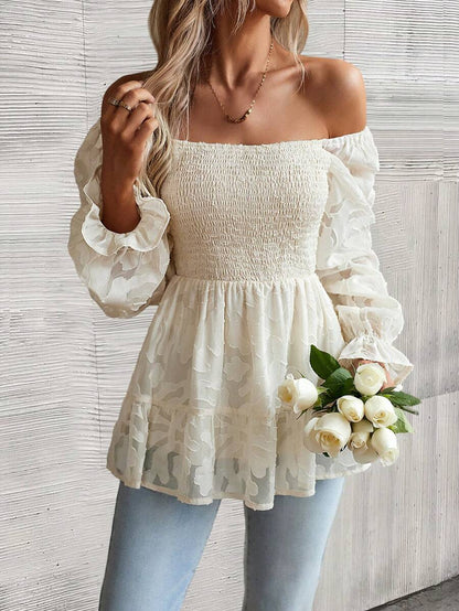 Marseille Jacquard Lantern Sleeve Peplum Blouse