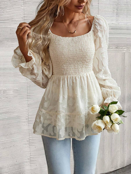 Marseille Jacquard Lantern Sleeve Peplum Blouse