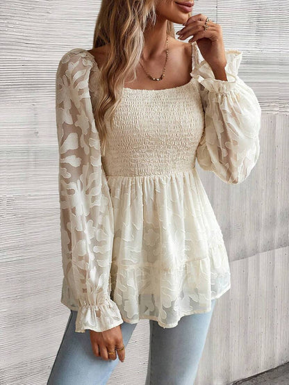 Marseille Jacquard Lantern Sleeve Peplum Blouse