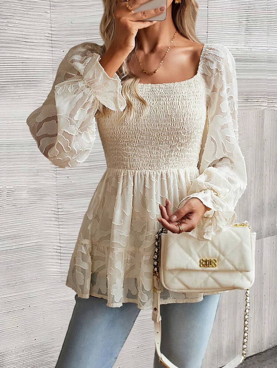 Marseille Jacquard Lantern Sleeve Peplum Blouse