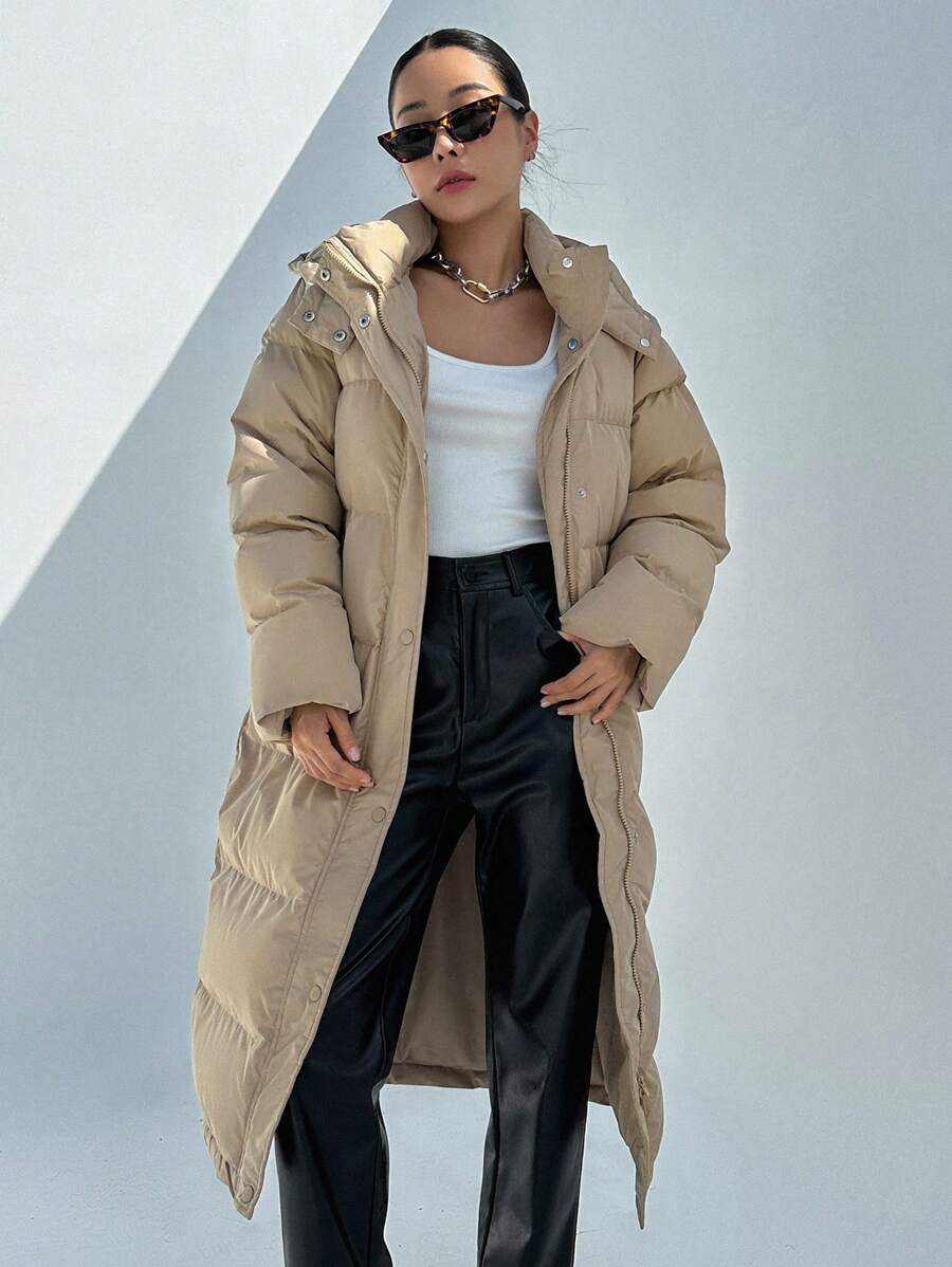 Corinne Long Hooded Puffer Coat with Zip Front and Pockets - Khaki