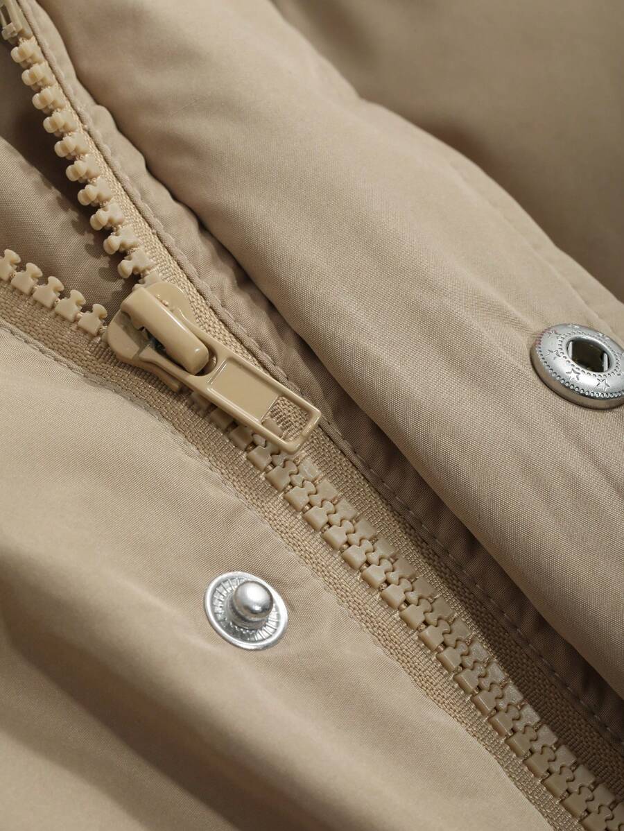 Corinne Long Hooded Puffer Coat with Zip Front and Pockets - Khaki