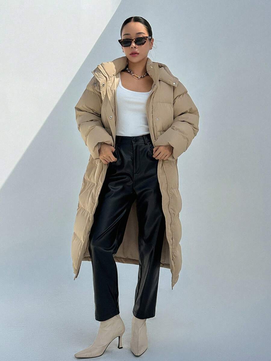 Corinne Long Hooded Puffer Coat with Zip Front and Pockets - Khaki