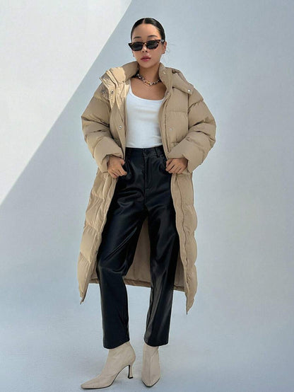 Corinne Long Hooded Puffer Coat with Zip Front and Pockets - Khaki