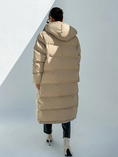 Corinne Long Hooded Puffer Coat with Zip Front and Pockets - Khaki