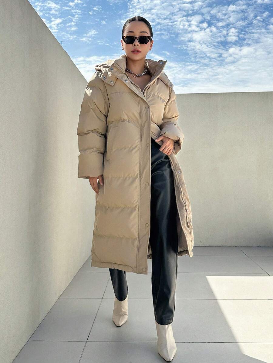 Corinne Long Hooded Puffer Coat with Zip Front and Pockets - Khaki