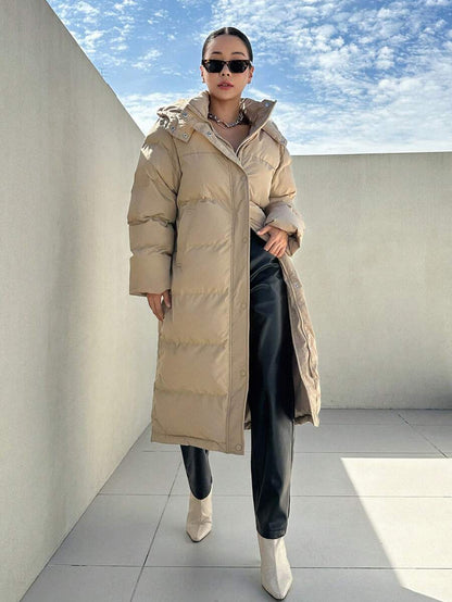 Corinne Long Hooded Puffer Coat with Zip Front and Pockets - Khaki