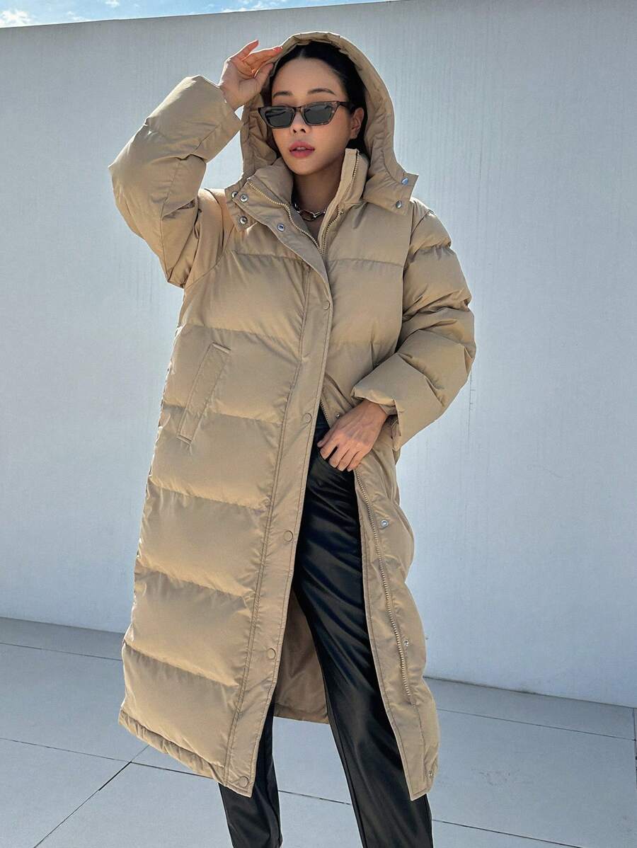 Corinne Long Hooded Puffer Coat with Zip Front and Pockets - Khaki
