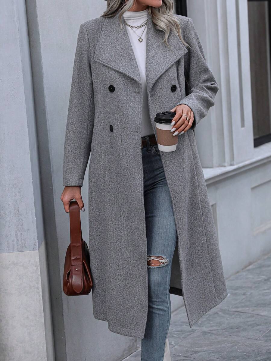 Graz Double Breasted Wool Look Long Overcoat - Grey