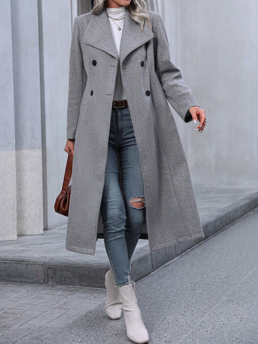 Graz Double Breasted Wool Look Long Overcoat