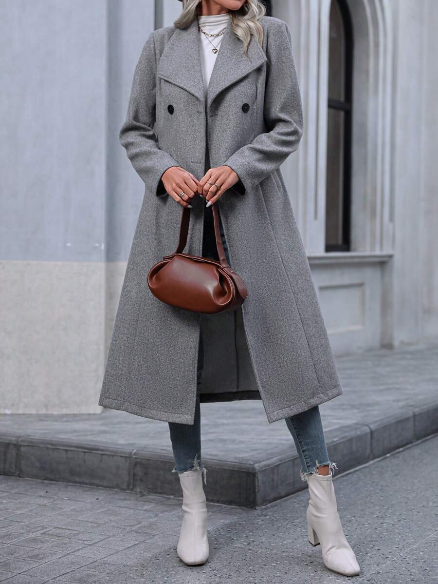 Graz Double Breasted Wool Look Long Overcoat