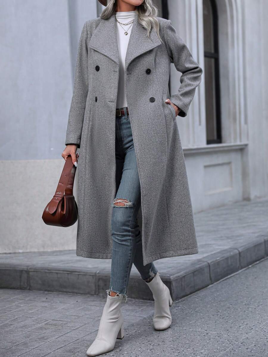 Graz Double Breasted Wool Look Long Overcoat
