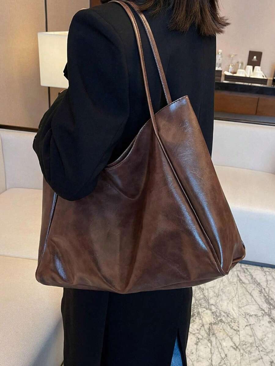 Women's Large Faux Leather Tote Bag, Vintage Shoulder Purse for Work and Travel