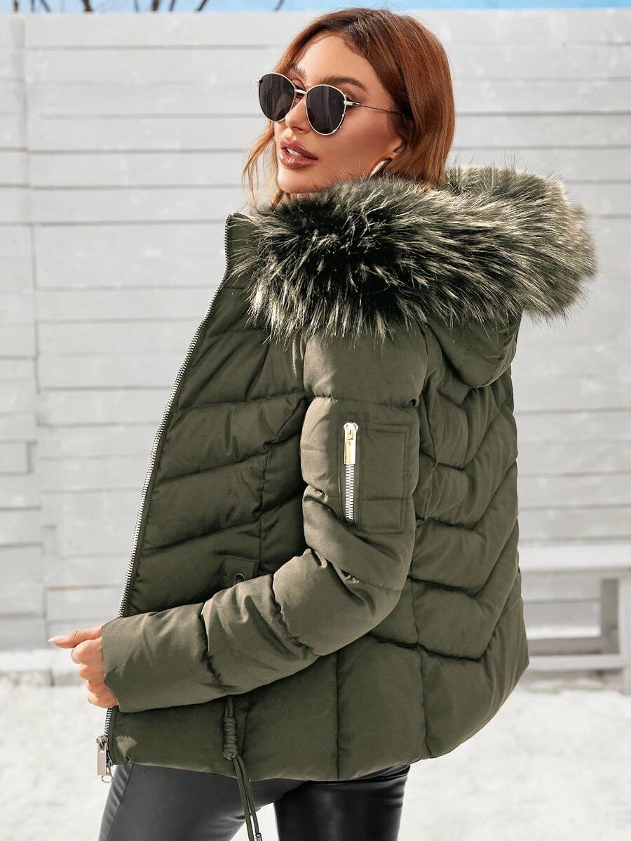 Blythe Faux Fur Trim Hooded Puffer Coat with Zip Front - Olive