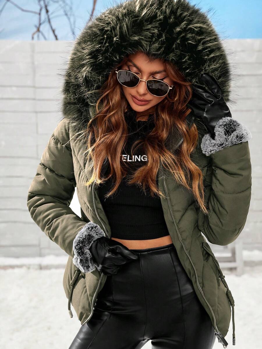 Blythe Faux Fur Trim Hooded Puffer Coat with Zip Front - Olive