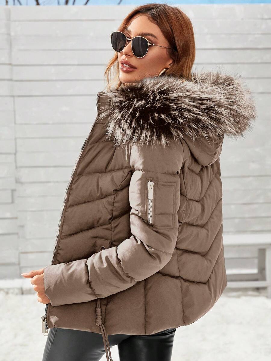 Blythe Faux Fur Trim Hooded Puffer Coat with Zip Front - Khaki