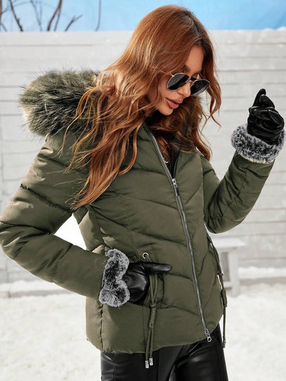 Blythe Faux Fur Trim Hooded Puffer Coat with Zip Front - Olive