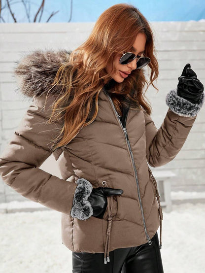 Blythe Faux Fur Trim Hooded Puffer Coat with Zip Front - Khaki