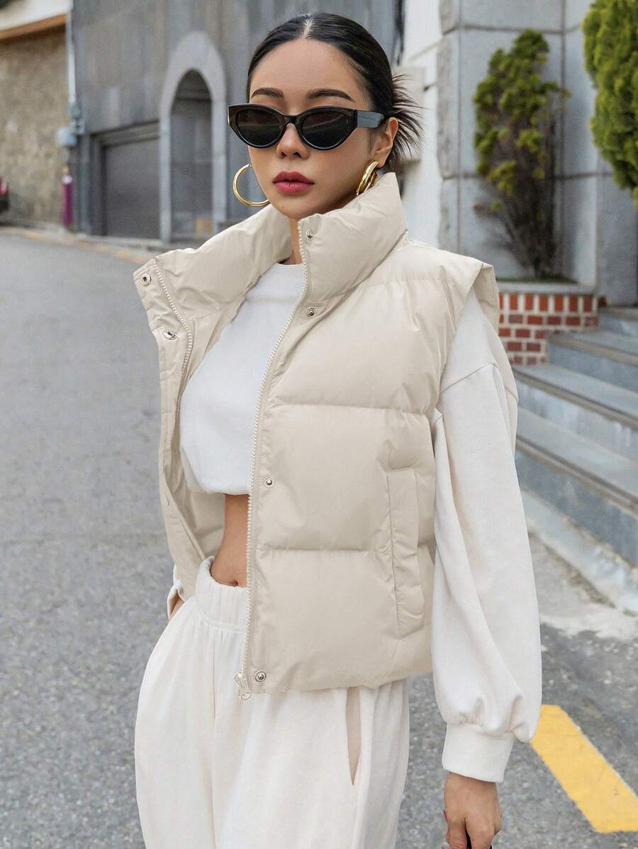 Andermatt Snap Button Zip Up Puffer Vest with Pockets - White