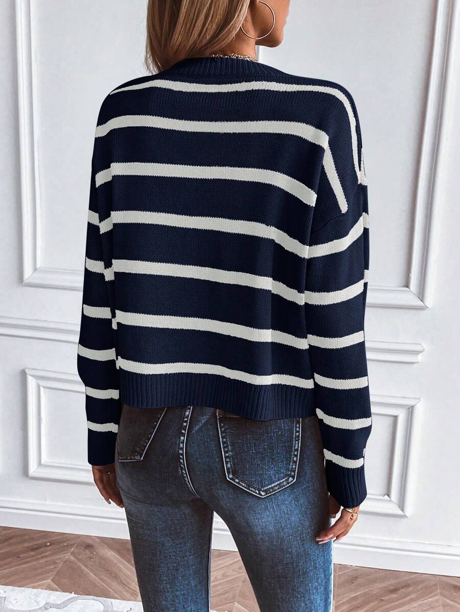 Audrey Striped Drop Shoulder Pullover Sweater - Grey