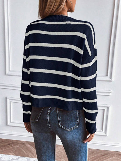 Audrey Striped Drop Shoulder Pullover Sweater - Grey