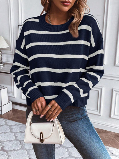 Audrey Striped Drop Shoulder Pullover Sweater - Apricot