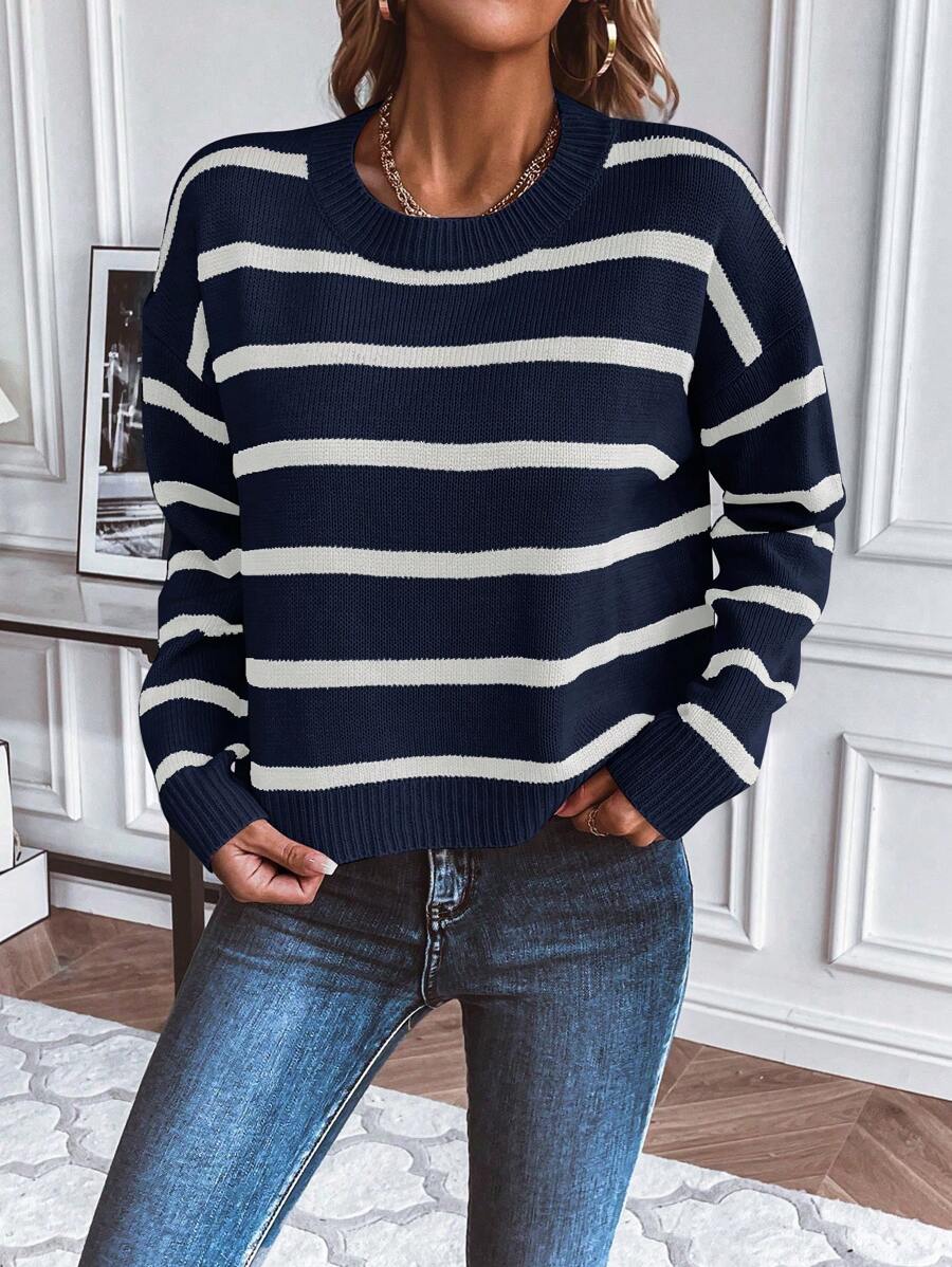 Audrey Striped Drop Shoulder Pullover Sweater - Beige