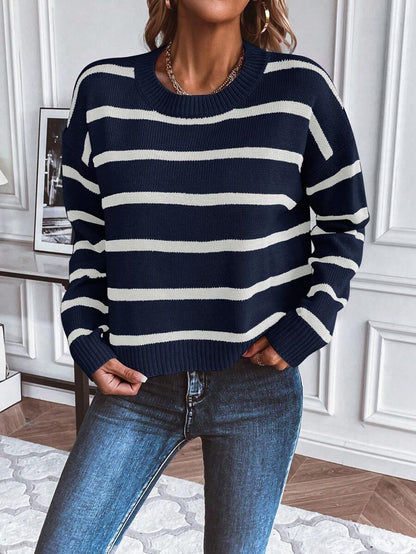 Audrey Striped Drop Shoulder Pullover Sweater - Beige