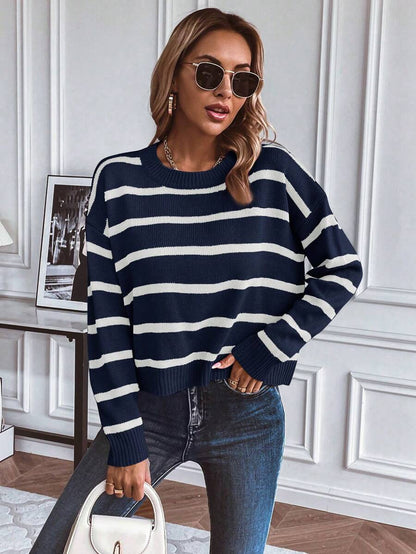 Audrey Striped Drop Shoulder Pullover Sweater - Black and White