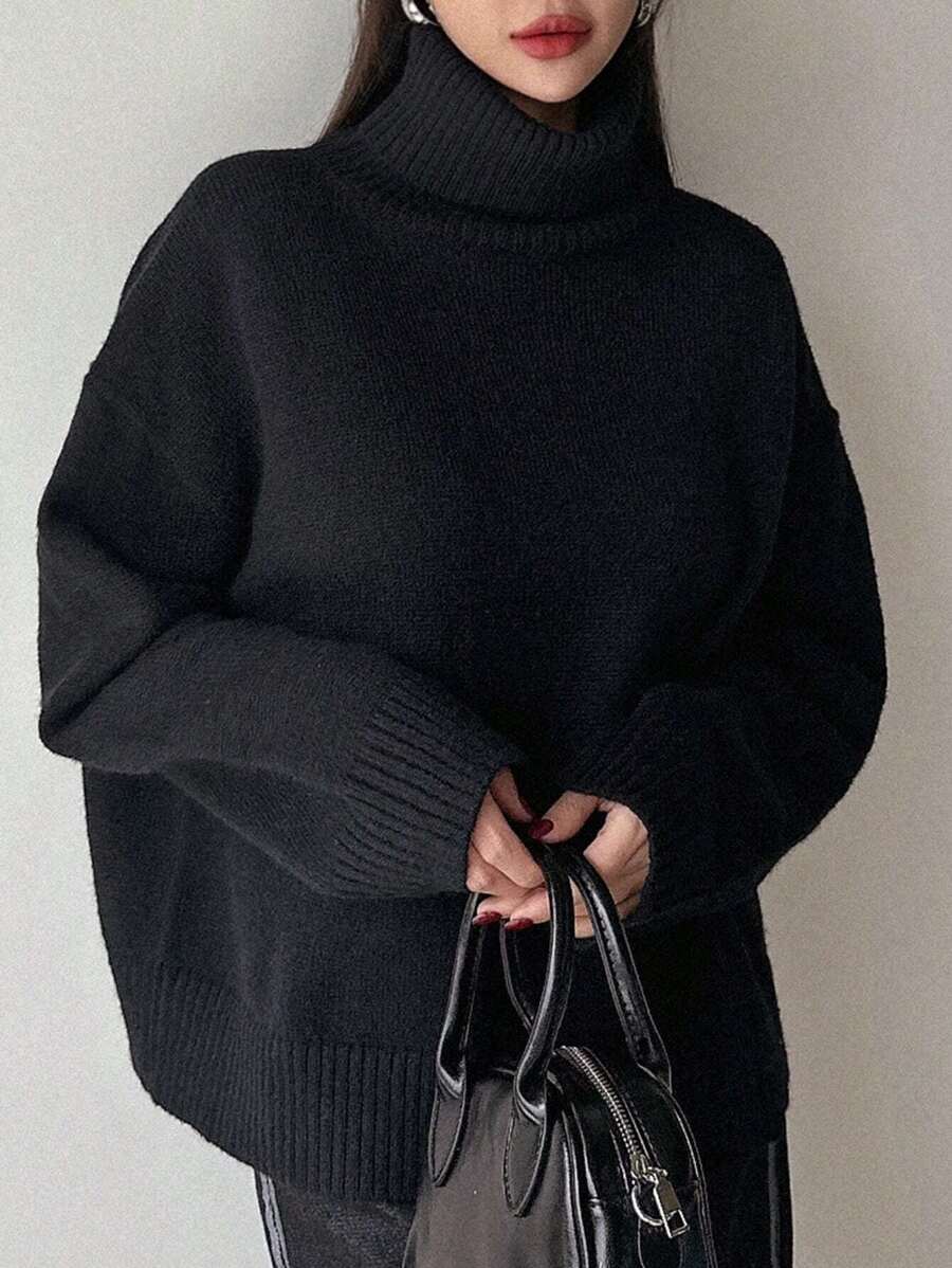 Lofoten Oversized Turtleneck Drop Shoulder Knit Sweater - Black