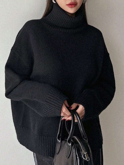 Lofoten Oversized Turtleneck Drop Shoulder Knit Sweater - Black