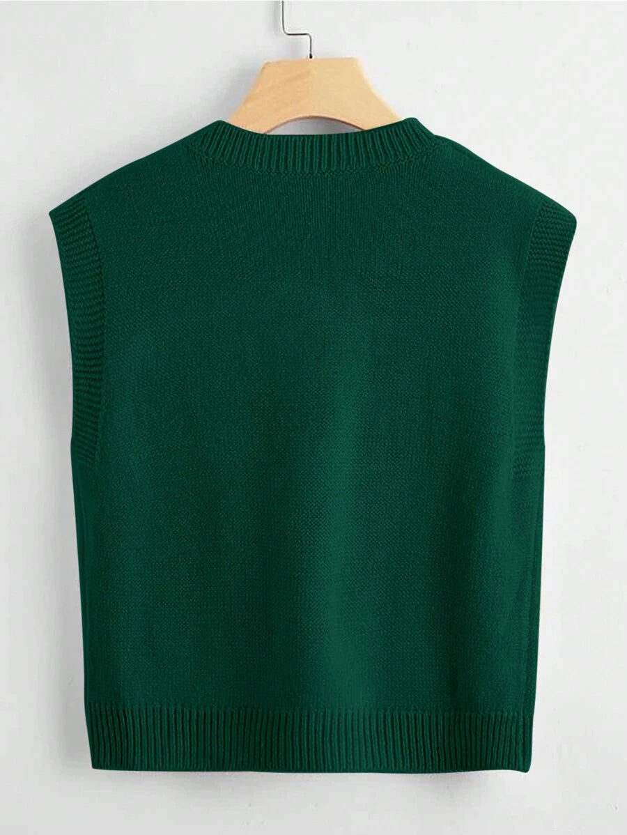 Marisa Fine Knit V-Neck Sleeveless Sweater Vest - Dark Green