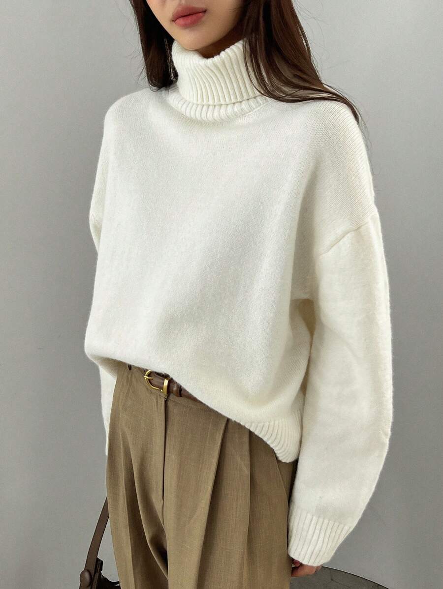 Lofoten Oversized Turtleneck Drop Shoulder Knit Sweater - Beige