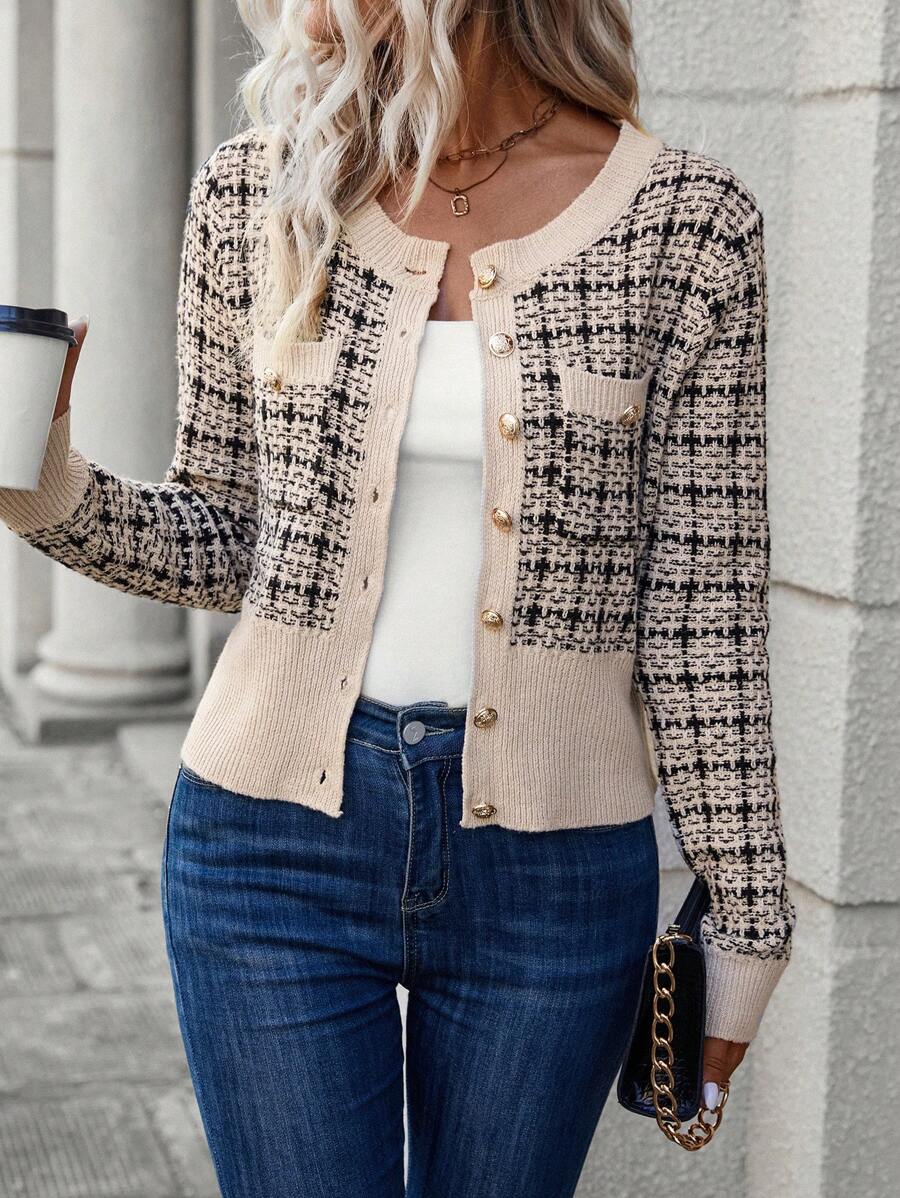 Cheltenham Plaid Tweed Look Cropped Knit Cardigan with Buttons